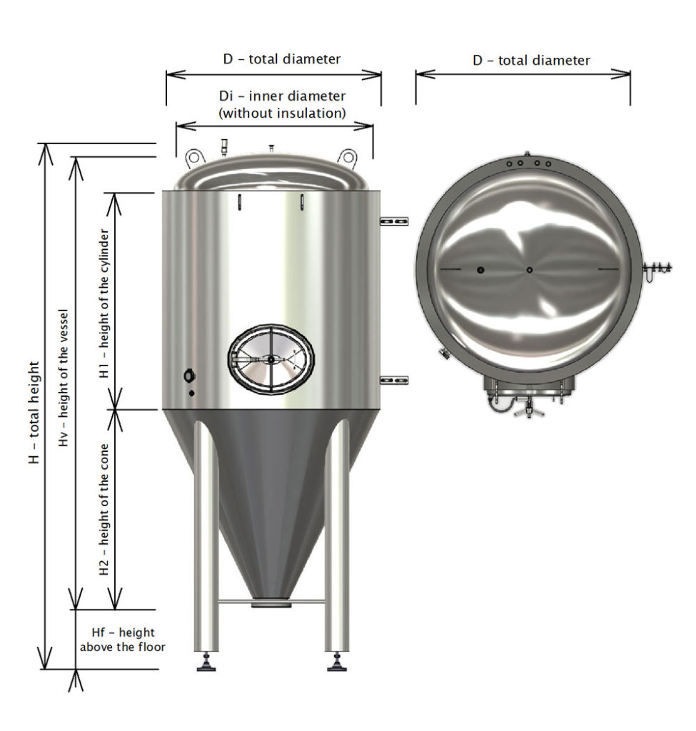 Basic tank of the CCT-M modular fermentors - Dimensions